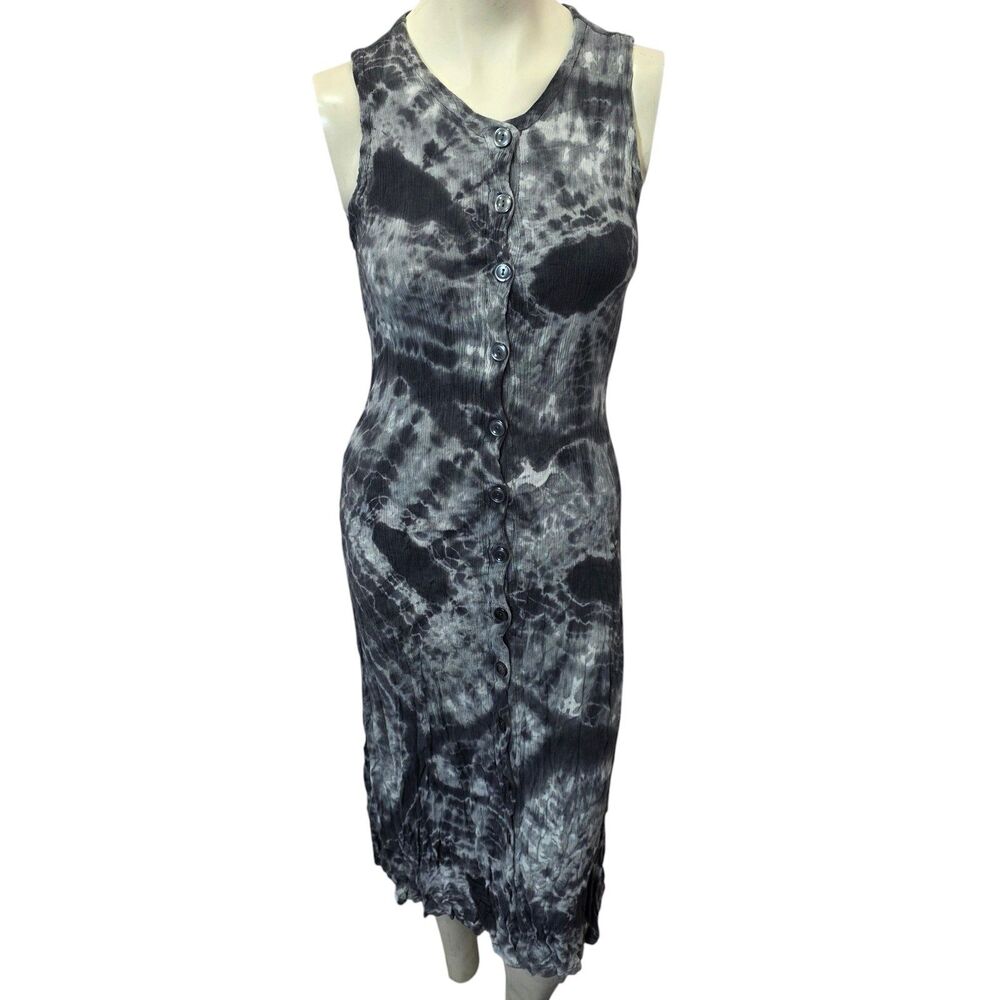 Las Manos Tie Dye‎ Rayon Midi Dress Gray Black Button Front Boho Size M